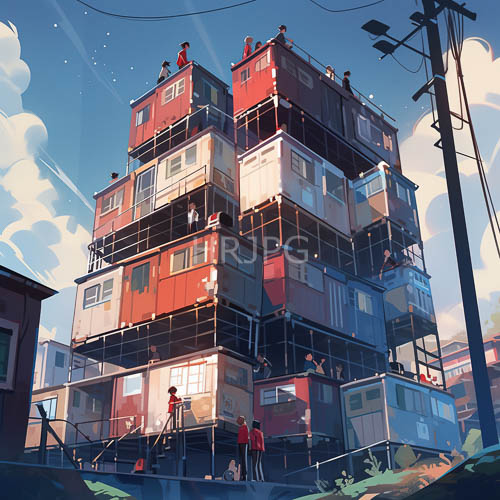 container cityscape with stacked shipping containers and elevated walkways