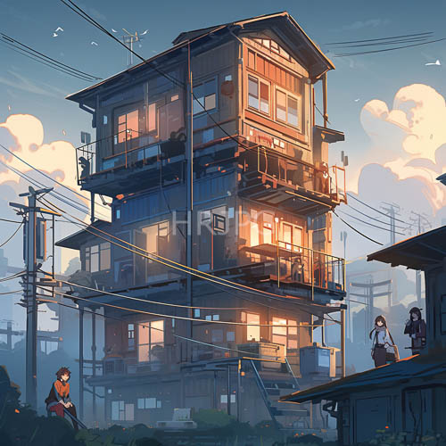 elevated wood house silhouette against vibrant blue sky on city rooftops