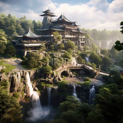 lush temple structures merge with verdant green cliffs in weathered stone facades
