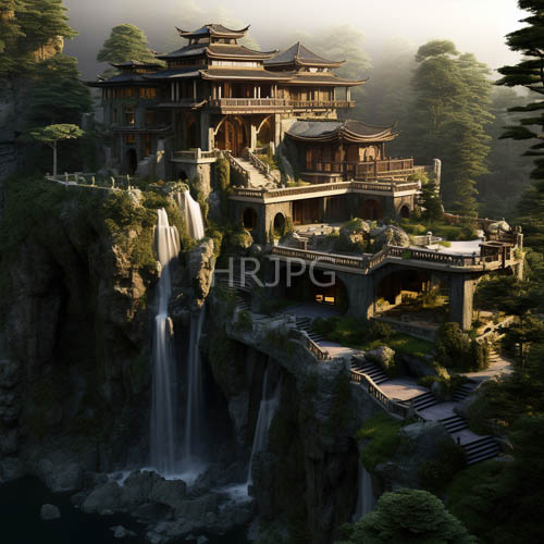 pagodas pierce misty dawn sky with tiered wooden tiles glistening on rugged terrain