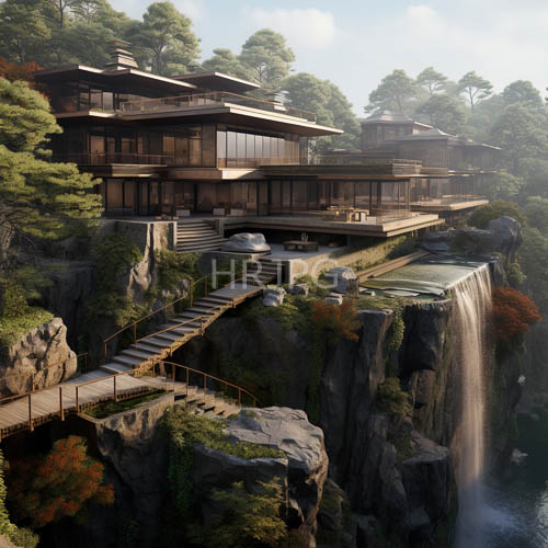 wooden spires rise from forest canopies near churning waterfalls