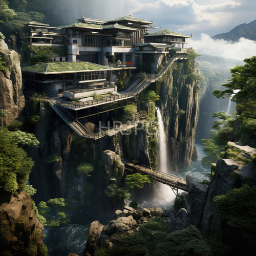 multitiered structure meets rugged cliff face amidst lush vines and misty waterfalls