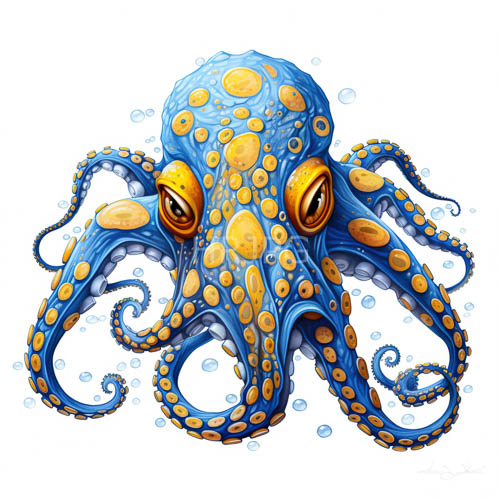 electric blue octopus in orangeyellow hues amidst pristine white background