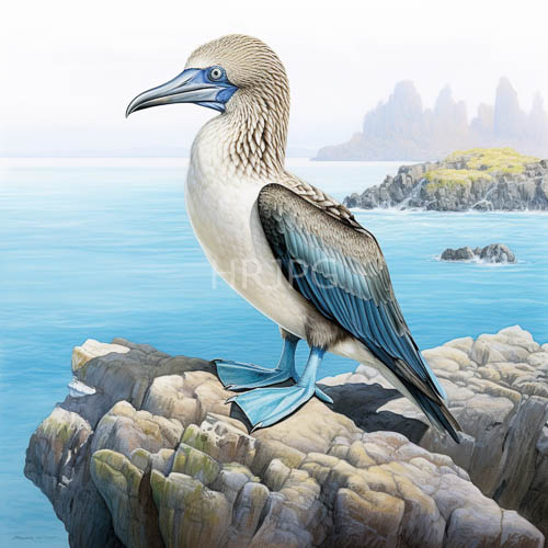 booby birds perch on coastal rocks in turquoise oceans