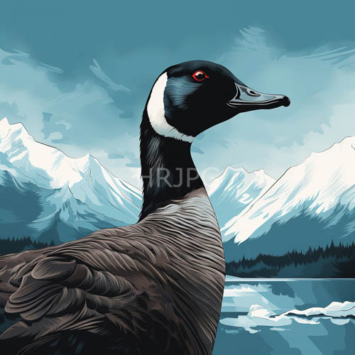canada geese swim near snow capped mountains and shores