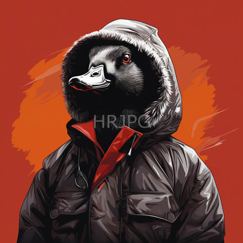gray fabric winter jacket blends with orange background displaying intricate black feathers