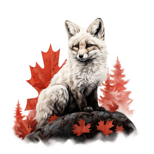 autumn fox amidst weathered tree roots and rocky terrain with crimson leaves