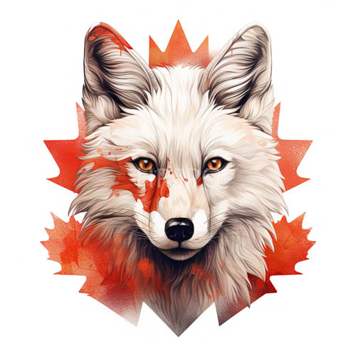 red maple leaves surround white wolf characters in autumn