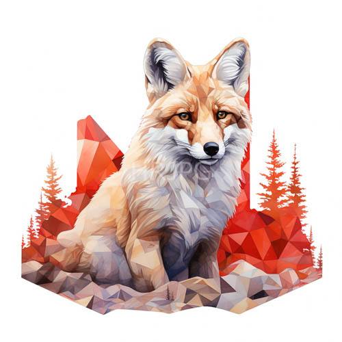 High Resolution: Geometric mosaic triangles squares support fox orange white fur stylized red pine trees download. | HRJPG.com