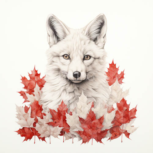 maple trunks frame a fox gazing through misty autumn woods