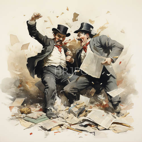 frenzied men in tattered suits amidst swirling papers and flickering gas lamps