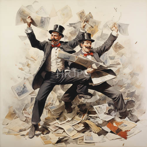 men in black suits gesture enthusiastically amidst whirling newspaper pages and ink