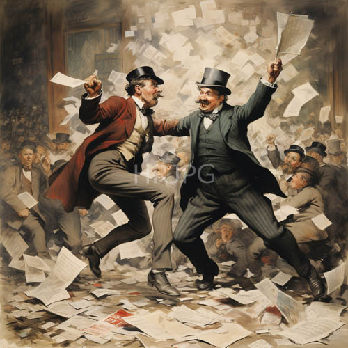 scarlet waistcoat clashes with emerald green coat in a tapestry of chaos and turmoil