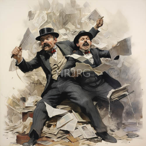High Resolution: Oil Painted of Two Men in VictorianEra Suits Amidst Swirling Papers download. | HRJPG.com