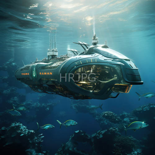 deepsea submarine erupts in frenzy of orange and green glowing accents against endless blue depths