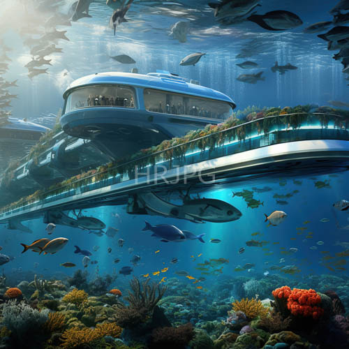 iridescent fish swim around coral reefs beneath futuristic ocean cities