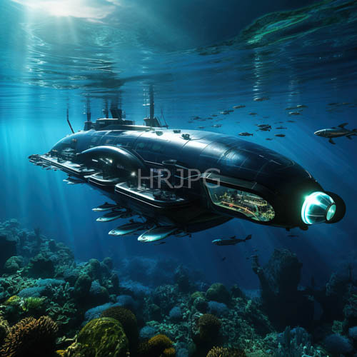submarine hull glints in sunlight amidst clear blue ocean water with coral reefs
