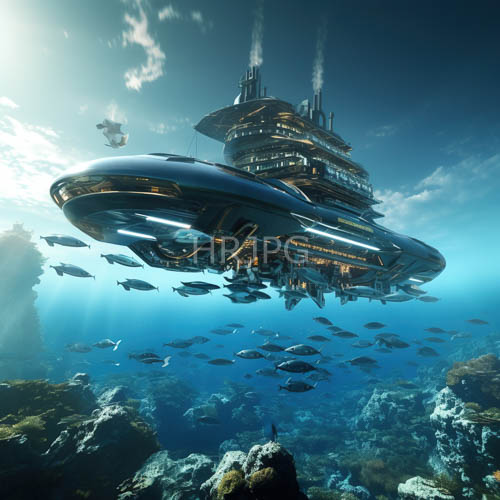 High Resolution: Sleek Metallic Spires Rising from Ocean Floor Amidst Majestic Angelfish and Towering Kelp Forests download. | HRJPG.com