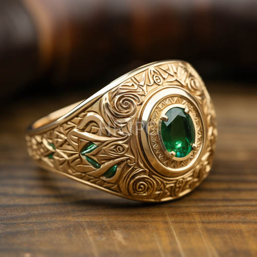 celtic knot patterns detail rings holding green gemstones