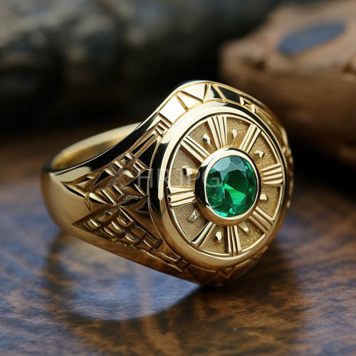 sunlight illuminates ornate gold rings with intricate geometric patterns and a round green gemstone