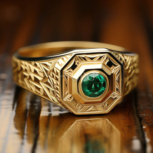 ornate gold rings rest on ancient wooden planks in dim rooms