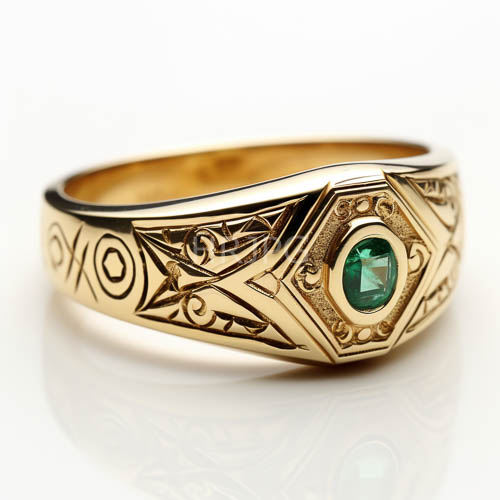 High Resolution: Ornate gold ring with intricate engravings and sharp hexagonal settings on a green gemstone download. | HRJPG.com