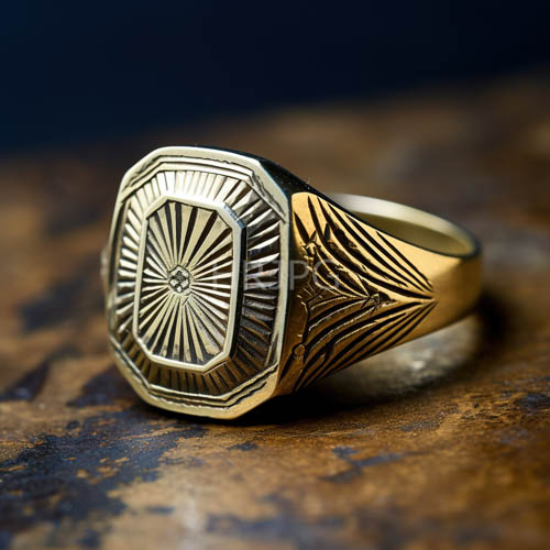 earthly intricacies converging on ornate gold ring on dark surface