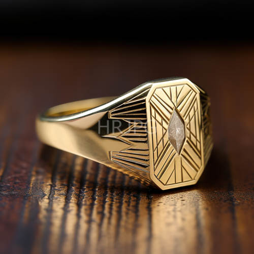 gold filigree patterns are etched into silver gray wood grain