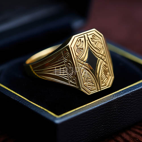 geometric metalwork glimmers in intricate patterns on gold surface in symmetrical designs on sixsided ring