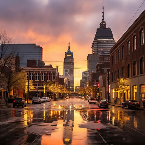wet pavement reflects setting suns colors beside historic brick facades and modern skyscrapers at night