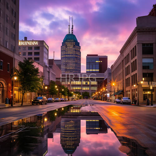 cityscape of steel and glass piercing through fading dusk light on wet pavement