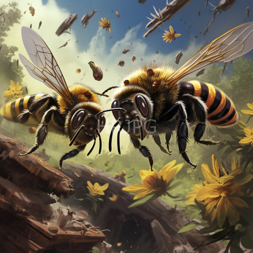 industrious bees engage in fierce midair combat amidst vibrant floral elements