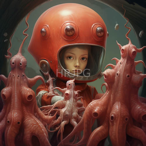 crimsonclad child encounters pink octopuses in dimly lit futuristic underwater environment