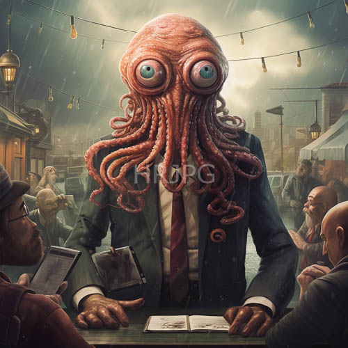 rainy evening with octopusheaded man in brick wall mural setting amidst twinkling lights