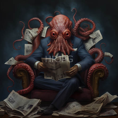 newsprint papers surround octopus sculptures on tables