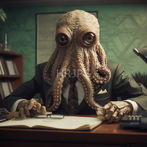 octopusheaded man scribbles notes on weathered wooden desk amidst chartreuse papers and yellowed documents