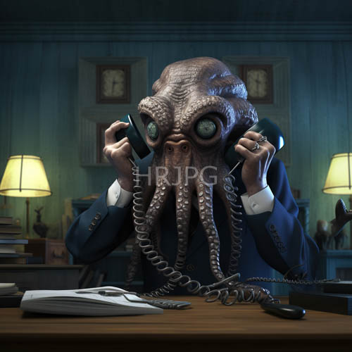 octopushuman figure stands in dimly lit smokefilled room with ornate wooden desk