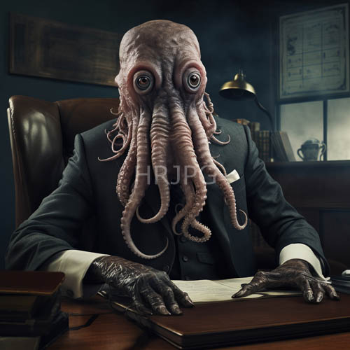 High Resolution: Octopusheaded man scribbles notes on yellowed parchment amidst foggy cityscape download. | HRJPG.com