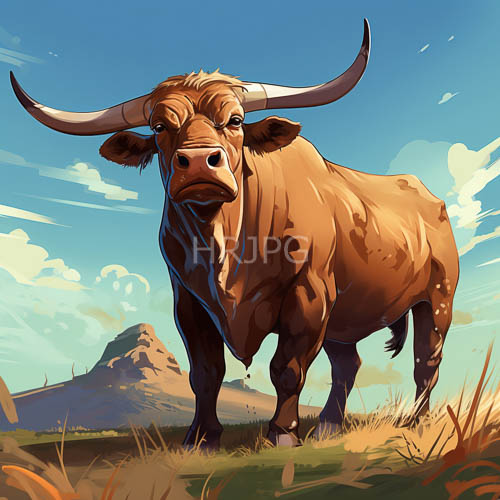 massive bull stands amidst emerald green grass and honeycolored horns under azure sky