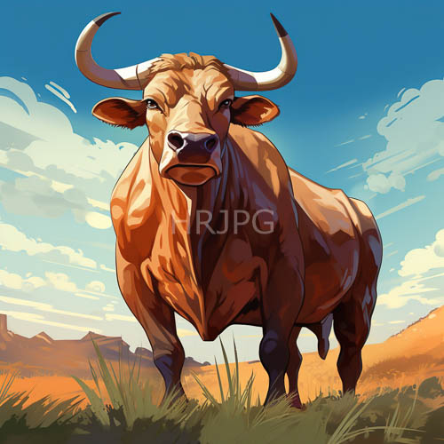 mountainous terrain with towering grass and majestic bull in turquoise sky