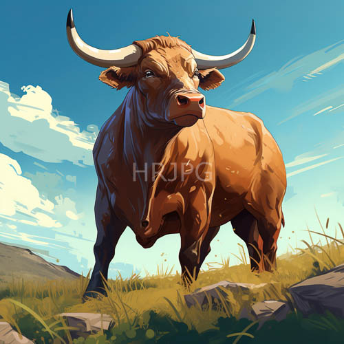 massive brown bull dominates the landscape with powerful physique and intense gaze