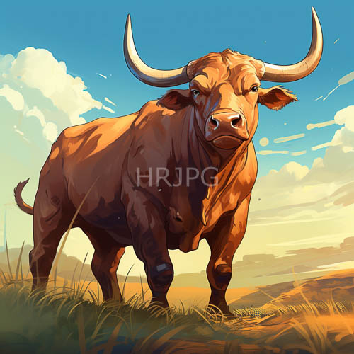 High Resolution: Colossal brown bulls with curved horns stand in green grassland sunsets download. | HRJPG.com