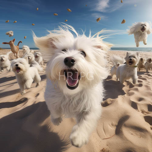 joyful dogs sprint across sandy beach amidst cerulean skies