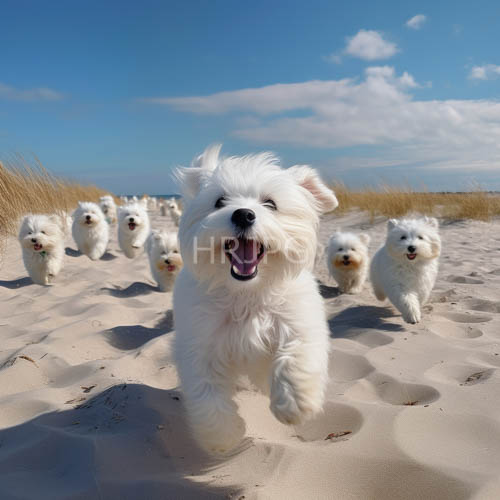 pomeranians frolic in ocean breeze on sandy beach with swaying golden grasses