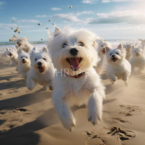 pack of eight whitecoated dogs sprint across sandy beach against bluegray ocean
