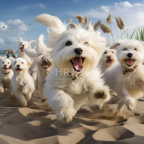 playful bichon frise dogs frolic on sandy beach in ocean breeze