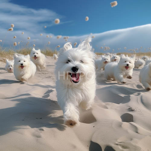 High Resolution: Pomeranians Dashing Across SunKissed Dunes with Kaleidoscope Beach Balls Under Lazy Clouds download. | HRJPG.com