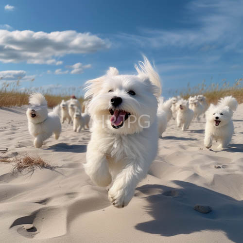 sunlit six pomeranians racing across sandy dunes amidst blooming wildflowers and wispy clouds