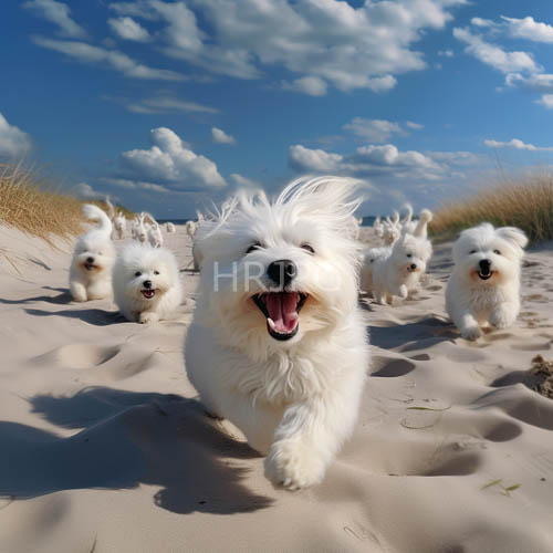canine expedition across sandy dunes under varying cloud skies