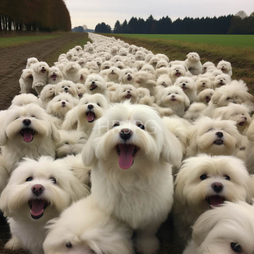 pomeranians form dense rows on lush green grass under overcast sky with clouds